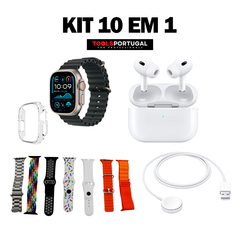 Conjunto 10 em 1 | 1 Smartwatch + 1 AirPods + 7 Braceletes + 1 Proteção + 1 Carregador