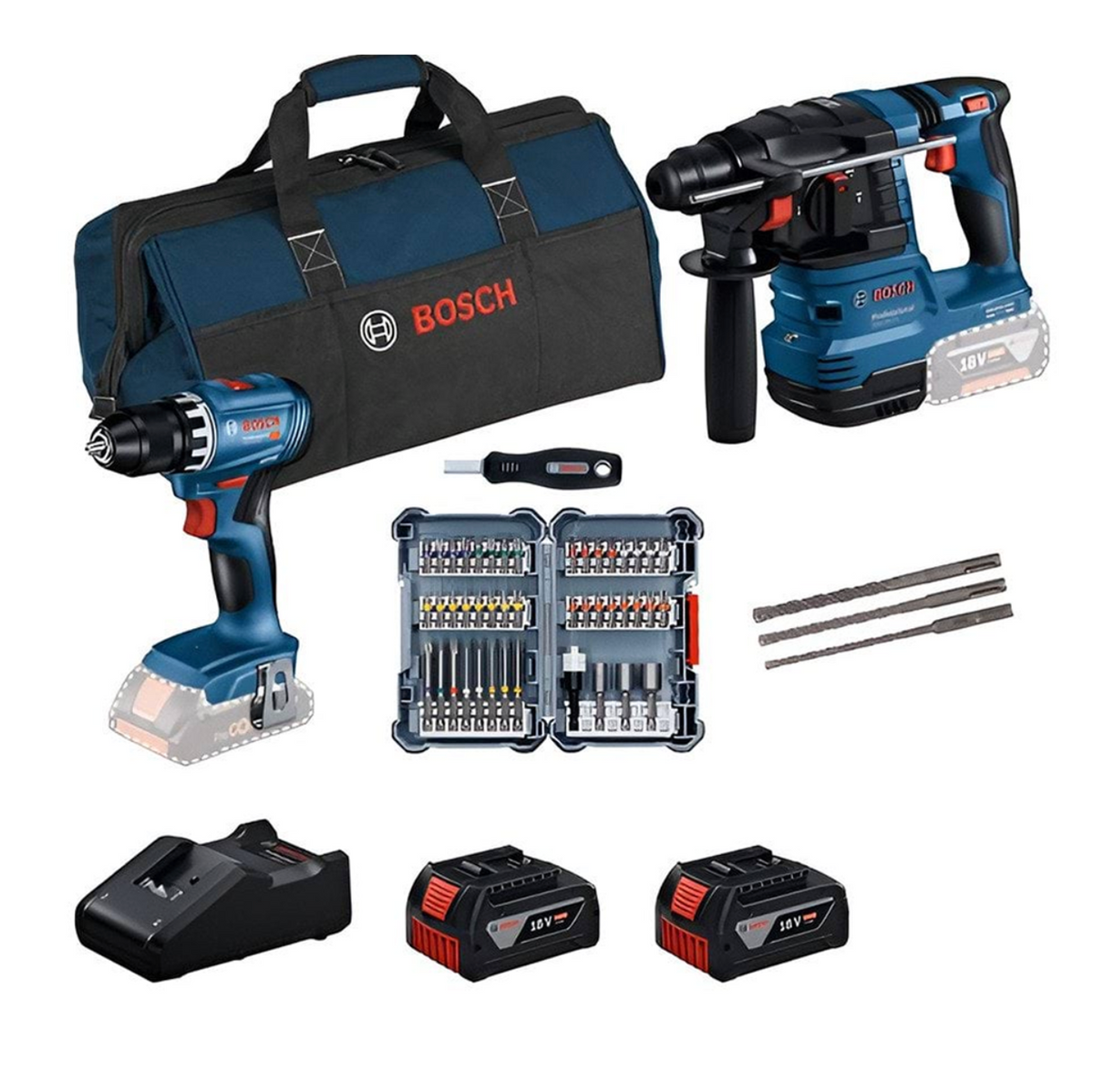 Bosch GSR 18V-45 + GBH18V- Kit Martelo + Aparafusadora + Set 45 Acessórios