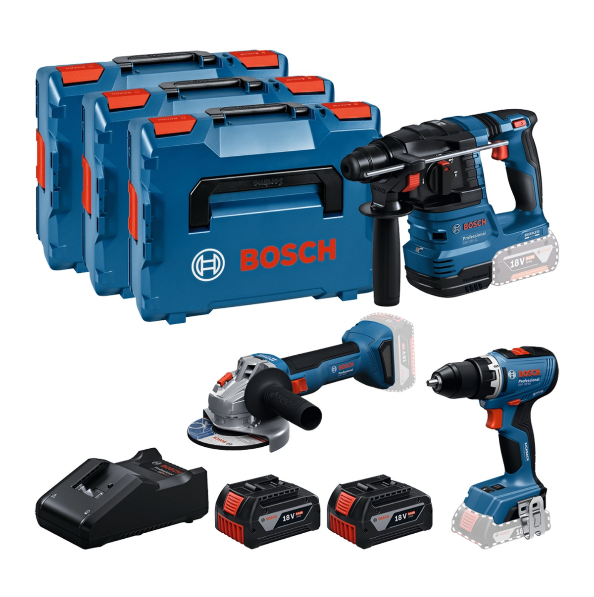 Bosch GSR 18V-65 + GWS 18V Kit de 3 Ferramentas 18V com 3 L-Boxx + 2 Bat. 5.0Ah