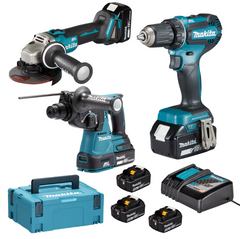 Makita Kit Construção Top Conjunto Aparafusadora, Rebarbadora, Martelo e 3 Bat 5.0Ah