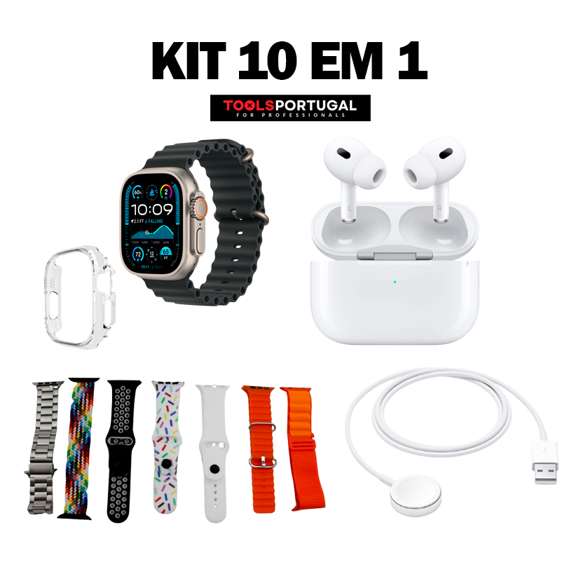 Conjunto 10 em 1 | 1 Smartwatch + 1 AirPods + 7 Braceletes + 1 Proteção + 1 Carregador